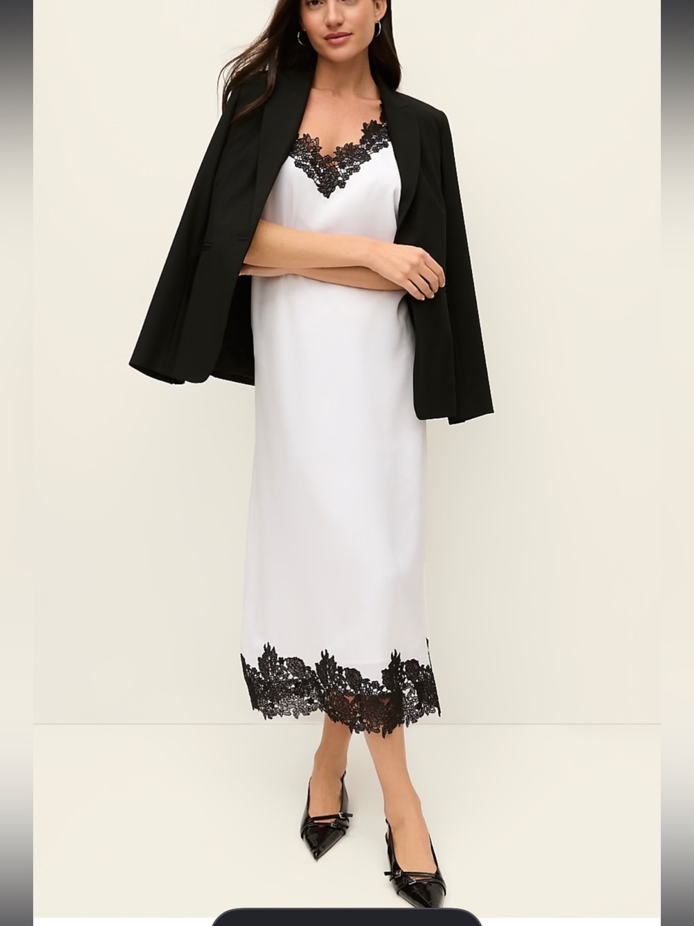 NWR Ann Taylor Ivory Maxi Slip Dress with Black Lace Trim